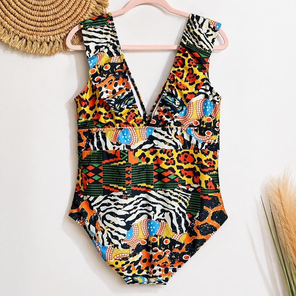 Averie NEW Harlow Tropical Animal Print Deep Plunge One Piece Swimsuit SZ XXXL - Picture 3 of 9